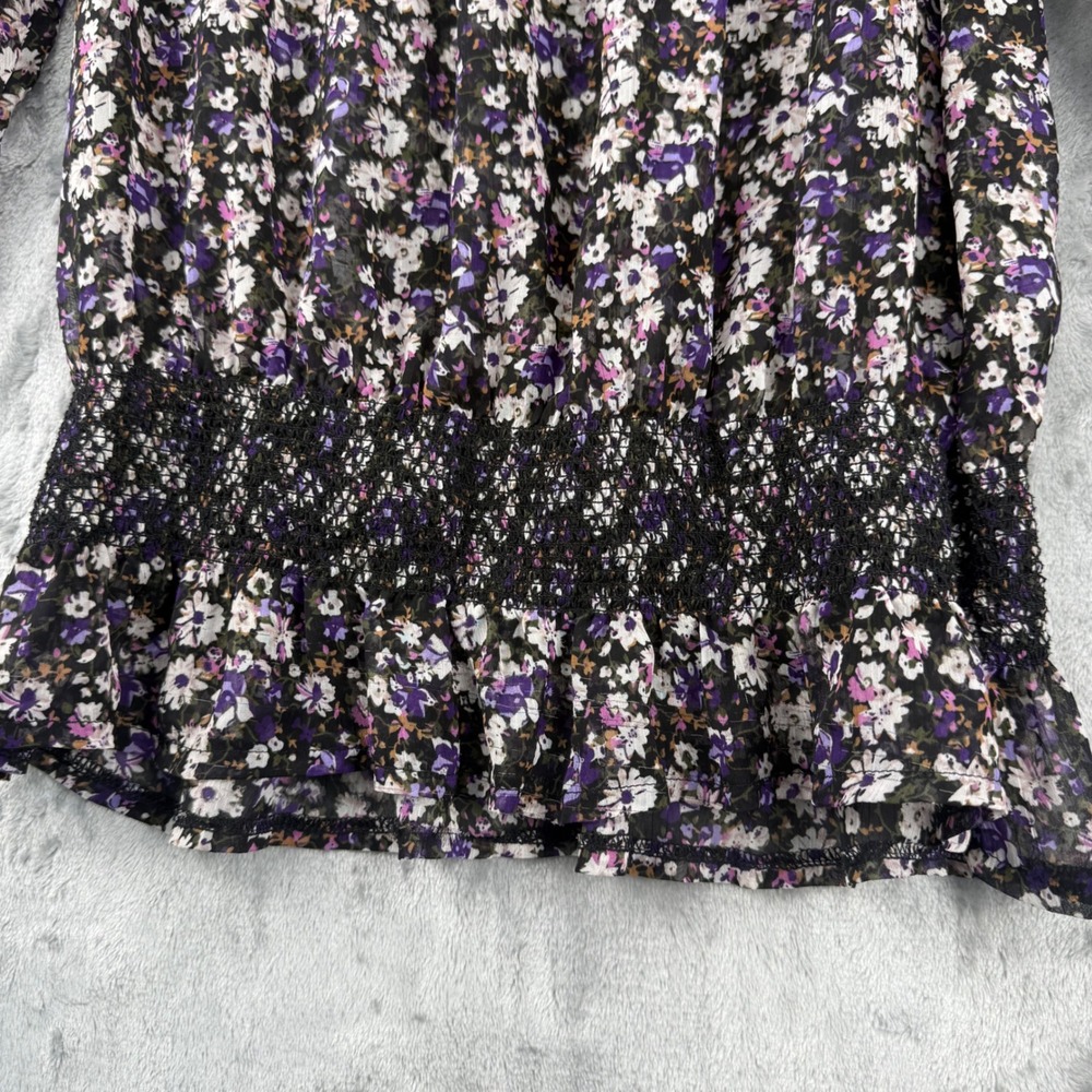 American Rag Floral Smocked Blouse Purple White Chiffon Square Neck BOHO Large - Picture 12 of 14
